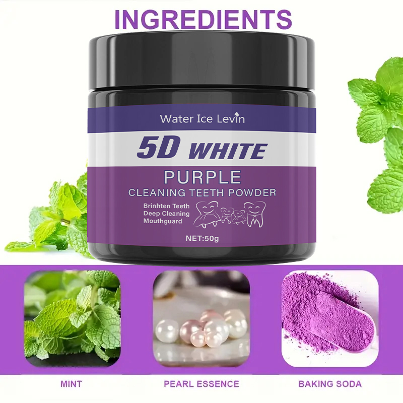 Teeth Whitening Baking Soda - 5D Weiß-Lila Reinigungs-Zahnpulver. Minz-Perlen-Essenz Backpulver. Hellt
